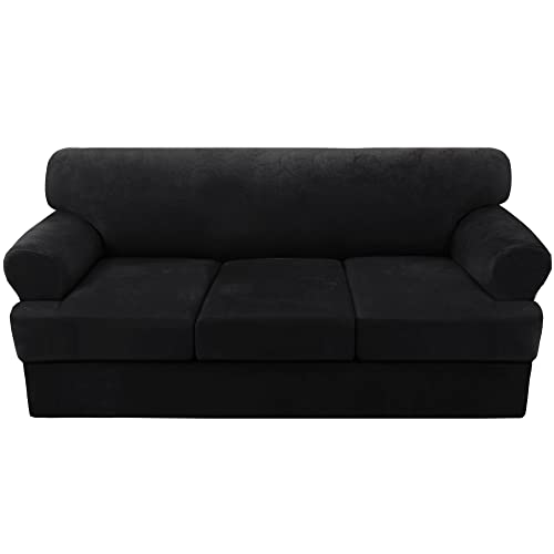 Sofa Cover 4 Piece T Cushion Sofa Slipcovers Thick Velvet Couch Cover Furniture Protector Stretch T Cushion Sofa Covers for 3 Cushion Couch with 3 Individual T Cushion Covers Washable, Black
