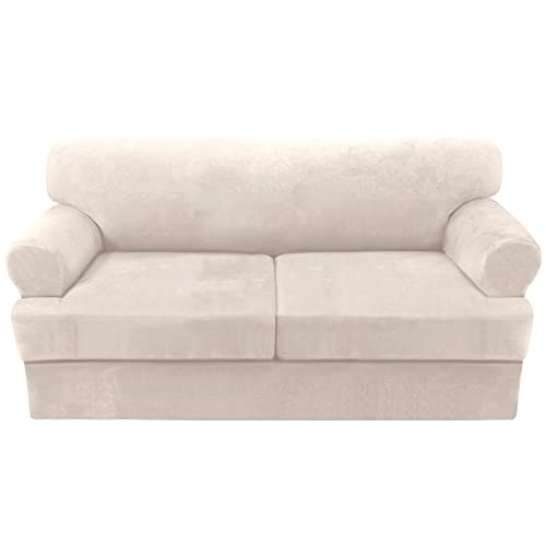 Sofa Cover 3 Piece T Cushion Sofa Slipcovers Thick Velvet Couch Cover Furniture Protector Stretch T Cushion Sofa Covers for 2 Cushion Couch with 2 Individual T Cushion Covers Washable, Ivory