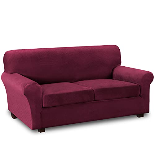 Thick Striped Velvet 3 Piece Stretch Sofa Covers Couch Covers for 2 Cushion Couch Sofa Slipcovers (Base Cover Plus 2 Large Cushion Covers) Feature Soft Stay in Place(2 Cushion: 72"-88", Burgundy)