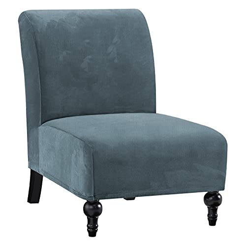 Armless Chair Slipcover Thick Striped Velvet Accent Chair Cover for Living Room High Stretch Slipper Chair Slipcover Removable Furniture Protector with Elastic Bottom, Machine Washable, Stone Blue