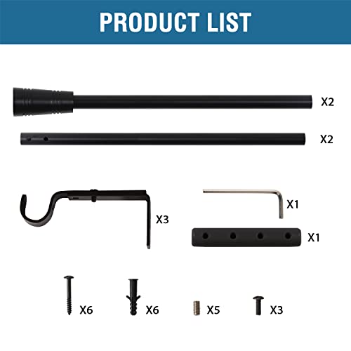 H.VERSAILTEX Window Curtain Rods for Windows 30 to 48 Inches Splicing Adjustable 3/4 Inch Diameter Single Window Curtain Rod Set with Cylindrical Finials, Black