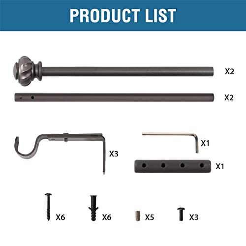 H.VERSAILTEX Window Curtain Rods for Windows 30 to 48 Inches Splicing Adjustable 3/4 Inch Diameter Single Window Curtain Rod Set with Decorative Ribbed Knob Finials, Pewter