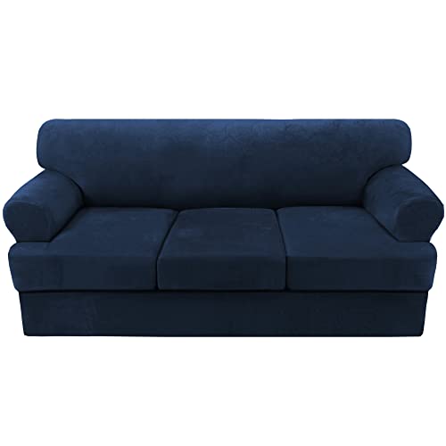 Sofa Cover 4 Piece T Cushion Sofa Slipcovers Thick Velvet Couch Cover Furniture Protector Stretch T Cushion Sofa Covers for 3 Cushion Couch with 3 Individual T Cushion Covers Washable, Navy
