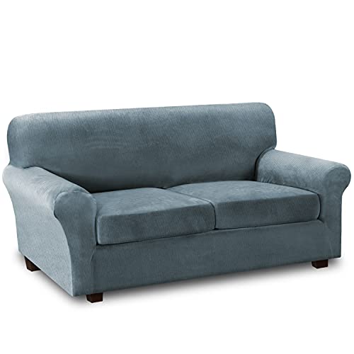 Thick Striped Velvet 3 Piece Stretch Sofa Covers Couch Covers for 2 Cushion Couch Sofa Slipcovers (Base Cover Plus 2 Large Cushion Covers) Feature Soft Stay in Place(2 Cushion: 72"-88", Stone Blue)