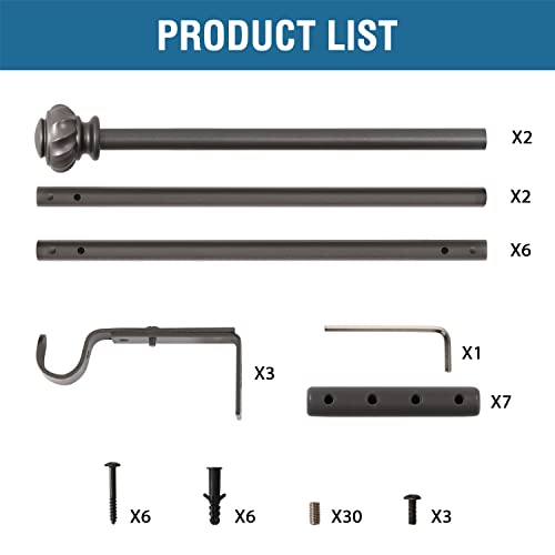 H.VERSAILTEX Window Curtain Rods for Windows 86 to 120 Inches Splicing Adjustable 3/4 Inch Diameter Single Window Curtain Rod Set with Decorative Ribbed Knob Finials, Pewter