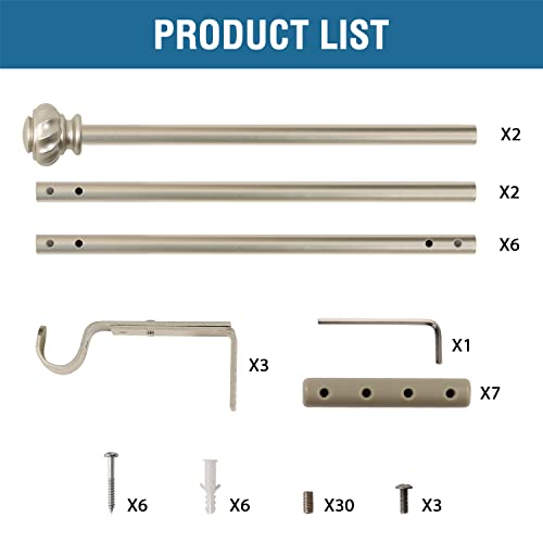 H.VERSAILTEX Window Curtain Rods for Windows 86 to 120 Inches Splicing Adjustable 3/4 Inch Diameter Single Window Curtain Rod Set with Decorative Ribbed Knob Finials, Nickel