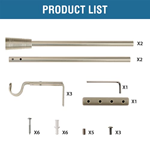 H.VERSAILTEX Window Curtain Rods for Windows 30 to 48 Inches Splicing Adjustable 3/4 Inch Diameter Single Window Curtain Rod Set with Cylindrical Finials, Nickel