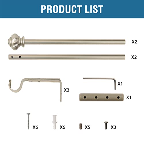 H.VERSAILTEX Window Curtain Rods for Windows 30 to 48 Inches Splicing Adjustable 3/4 Inch Diameter Single Window Curtain Rod Set with Decorative Ribbed Knob Finials, Nickel