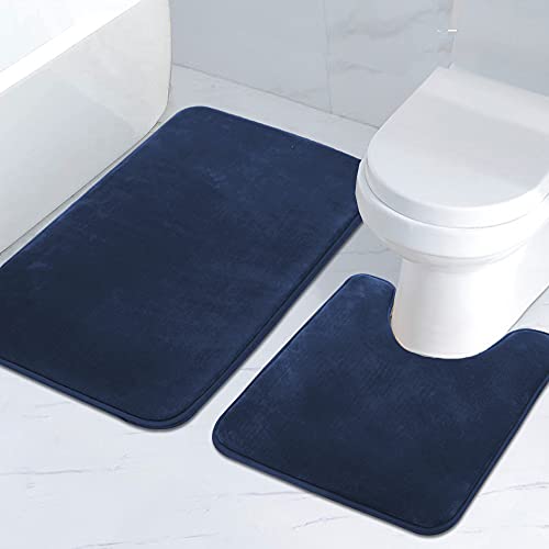 Bath Mat Memory Foam Set Bathroom Rug Set Flannel Velvety Bath Mat Luxury Extra Soft and Absorbent Non Slip Rugs for Bathroom/Bedroom Washable(Curved Set 24"x 36" Plus 20"x 24"U, Navy)