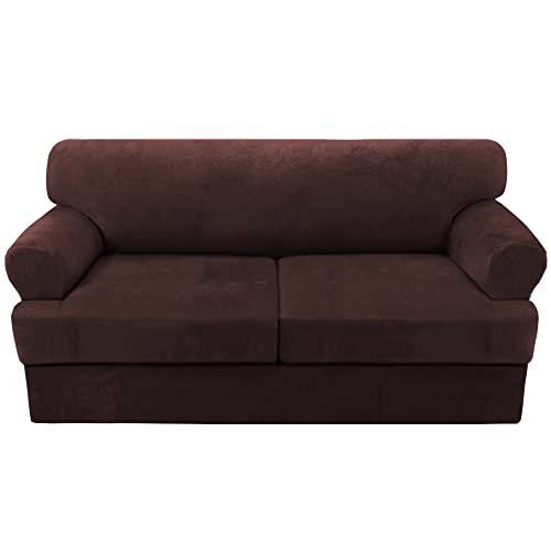 Sofa Cover 3 Piece T Cushion Sofa Slipcovers Thick Velvet Couch Cover Furniture Protector Stretch T Cushion Sofa Covers for 2 Cushion Couch with 2 Individual T Cushion Covers Washable, Brown