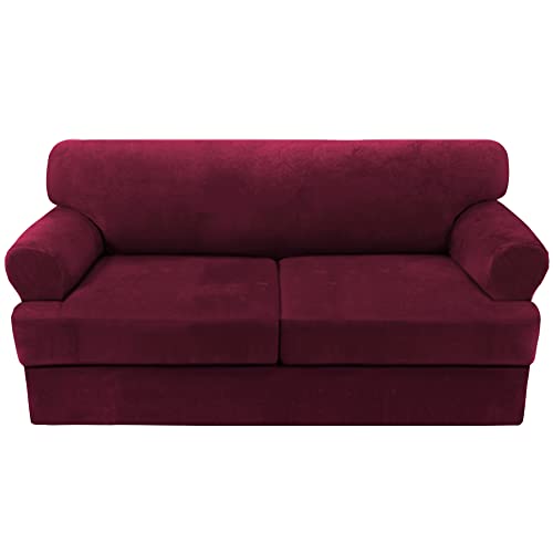 Sofa Cover 3 Piece T Cushion Sofa Slipcovers Thick Velvet Couch Cover Furniture Protector Stretch T Cushion Sofa Covers for 2 Cushion Couch with 2 Individual T Cushion Covers Washable, Burgundy
