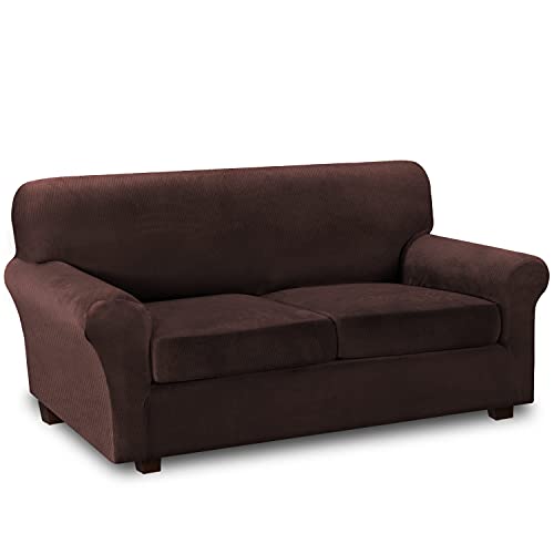 Thick Striped Velvet 3 Piece Stretch Sofa Covers Couch Covers for 2 Cushion Couch Sofa Slipcovers (Base Cover Plus 2 Large Cushion Covers) Feature Soft Stay in Place(2 Cushion: 72"-88", Chocolate)
