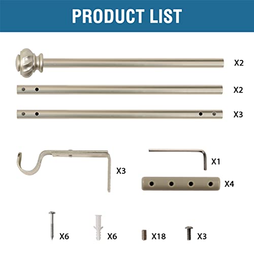 H.VERSAILTEX Window Curtain Rods for Windows 48 to 86 Inches Splicing Adjustable 3/4 Inch Diameter Single Window Curtain Rod Set with Decorative Ribbed Knob Finials, Nickel