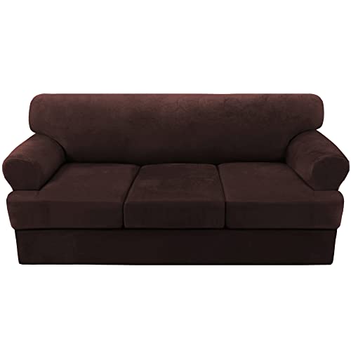 Sofa Cover 4 Piece T Cushion Sofa Slipcovers Thick Velvet Couch Cover Furniture Protector Stretch T Cushion Sofa Covers for 3 Cushion Couch with 3 Individual T Cushion Covers Washable, Brown