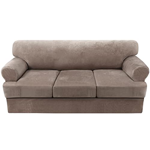 Sofa Cover 4 Piece T Cushion Sofa Slipcovers Thick Velvet Couch Cover Furniture Protector Stretch T Cushion Sofa Covers for 3 Cushion Couch with 3 Individual T Cushion Covers Washable, Taupe