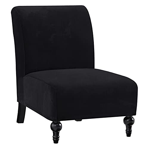 Armless Chair Slipcover Thick Striped Velvet Accent Chair Cover for Living Room High Stretch Slipper Chair Slipcover Removable Furniture Protector with Elastic Bottom, Machine Washable, Black
