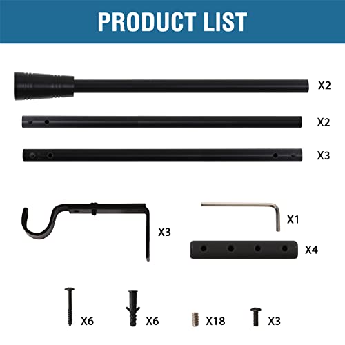 H.VERSAILTEX Window Curtain Rods for Windows 48 to 86 Inches Splicing Adjustable 3/4 Inch Diameter Single Window Curtain Rod Set with Cylindrical Finials, Black