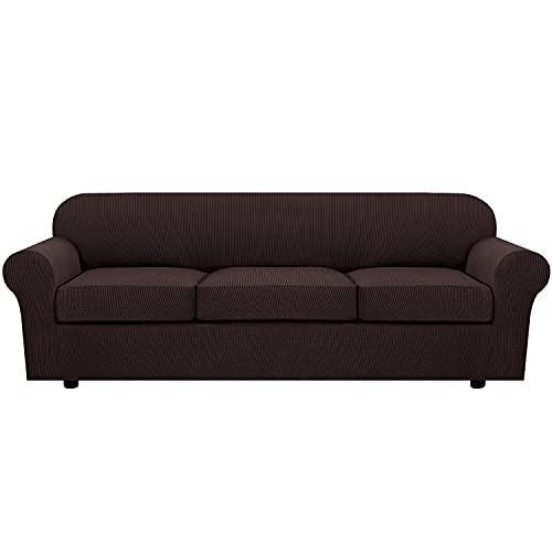 H.VERSAILTEX 4 Piece Stretch Sofa Covers for 3 Cushion Couch Covers for Living Room Furniture Slipcovers (Base Cover Plus 3 Seat Cushion Covers) Upgraded Thicker Jacquard Fabric (XL Sofa, Chocolate)