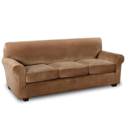 Thick Striped Velvet 4 Piece Stretch Sofa Covers Couch Covers for 3 Cushion Couch Sofa Slipcovers (Base Cover Plus 3 Large Cushion Covers) Feature Soft Stay in Place(3 Cushion: 96"-116", Camel)