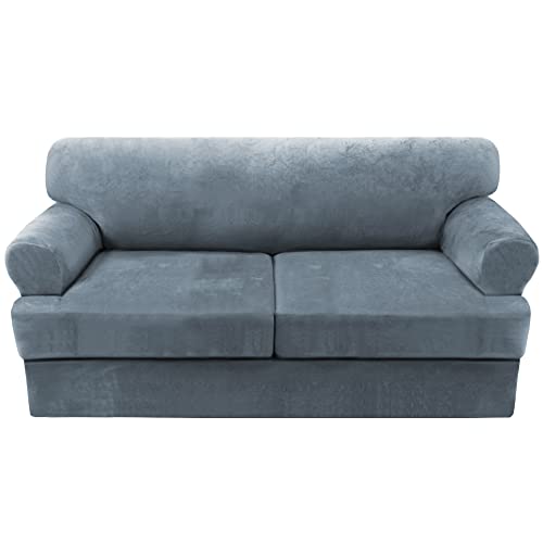 Sofa Cover 3 Piece T Cushion Sofa Slipcovers Thick Velvet Couch Cover Furniture Protector Stretch T Cushion Sofa Covers for 2 Cushion Couch with 2 Individual T Cushion Covers Washable, Stone Blue