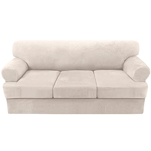 Sofa Cover 4 Piece T Cushion Sofa Slipcovers Thick Velvet Couch Cover Furniture Protector Stretch T Cushion Sofa Covers for 3 Cushion Couch with 3 Individual T Cushion Covers Washable, Ivory