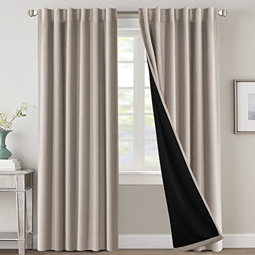 100% Blackout Curtains for Bedroom with Black Liner Full Room Darkening Curtains 96 Inches Long Thermal Insulated Back Tab/Rod Pocket Window Treatment Drapes for Living Room, Natural Sand, 2 Panels