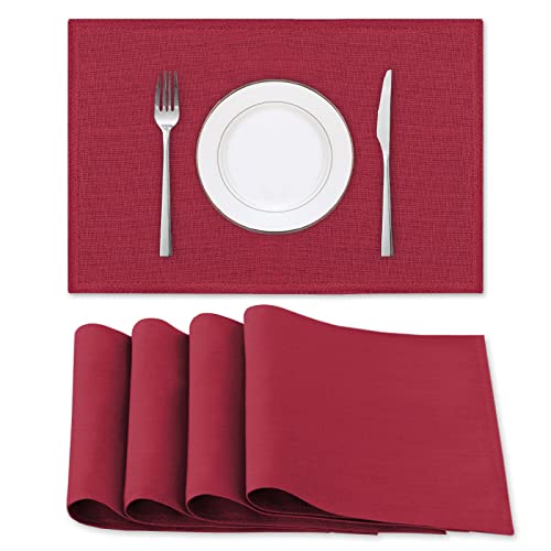 H.VERSAILTEX Linen Placemats Set of 4 Premium Solid Table Placemats for Dining Table Spill-Proof Waterproof Table Mats Heat-Resistant Kitchen Table Mats Washable, 12x18 inches, Cardinal Red