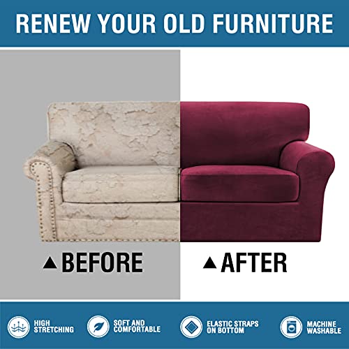 Thick Striped Velvet 3 Piece Stretch Sofa Covers Couch Covers for 2 Cushion Couch Sofa Slipcovers (Base Cover Plus 2 Large Cushion Covers) Feature Soft Stay in Place(2 Cushion: 72"-88", Burgundy)