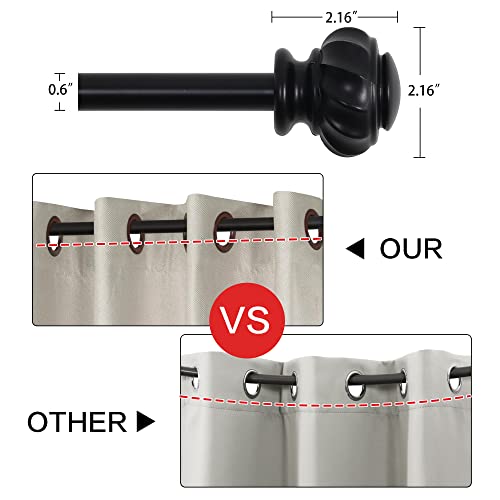 H.VERSAILTEX Window Curtain Rods for Windows 48 to 86 Inches Splicing Adjustable 3/4 Inch Diameter Single Window Curtain Rod Set with Decorative Ribbed Knob Finials, Black