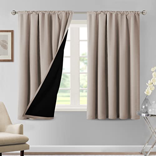 H.VERSAILTEX 100% Blackout Curtains for Bedroom Thermal Insulated Curtains & Drapes Blackout Curtains 54 Inches Long Rod Pocket Curtains for Living Room with Black Liner 2 Panels Set, Natural Sand