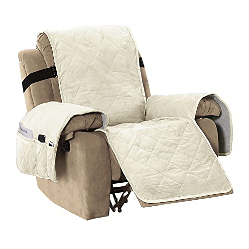 Thick Velvet Quilted Recliner Covers for Recliner Chair Covers Reclining Chair Slipcover Recliner Couch Cover with Non Slip Backing and Wider Elastic Strap (Checked - 91" x 82"- Ivory)