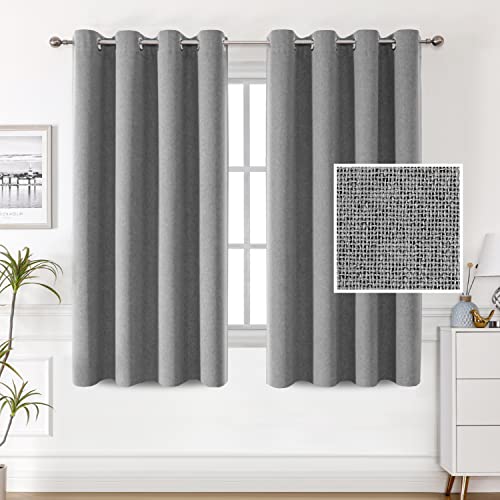 100% Blackout Linen Curtains 54 inches Long Thermal Curtains for Living Room Textured Burlap Curtains with Double Face Linen Grommet Soundproof Bedroom Curtains 52 x 54 Inch, 2 Panels - Grey