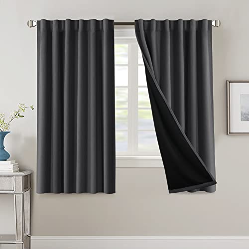 100% Blackout Curtains for Bedroom with Black Liner Full Room Darkening Curtains 63 Inches Long Thermal Insulated Back Tab/Rod Pocket Window Treatment Drapes for Living Room, Charcoal Grey, 2 Panels