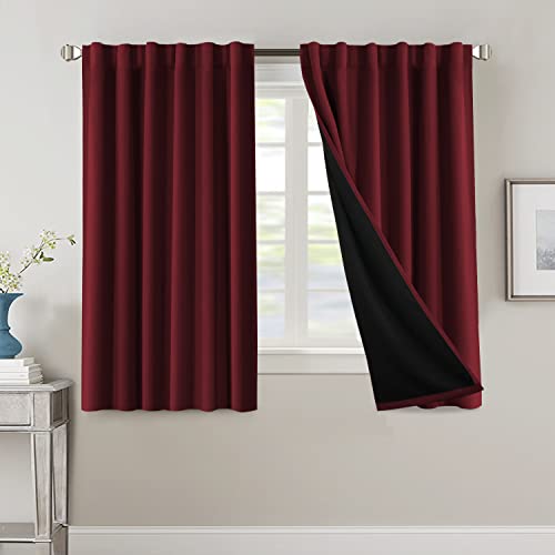 100% Blackout Curtains for Bedroom with Black Liner Full Room Darkening Curtains 54 Inches Long Thermal Insulated Back Tab/Rod Pocket Window Treatment Drapes for Living Room, Burgundy, 2 Panels