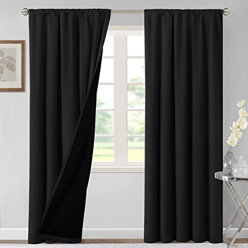H.VERSAILTEX 100% Blackout Curtains for Bedroom Thermal Insulated Curtains & Drapes Blackout Curtains 84 Inches Long Rod Pocket Curtains for Living Room with Black Liner 2 Panels Set, Jet Black