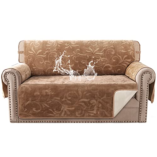 Sofa Slipcover 100% Waterproof Sofa Cover Couch Cover Premium Velvet Classic Flower Pattern Furniture Protector Non Slip with Elastic Straps for Pets Dogs Width Up to 52 Inch (Medium Sofa, Camel)
