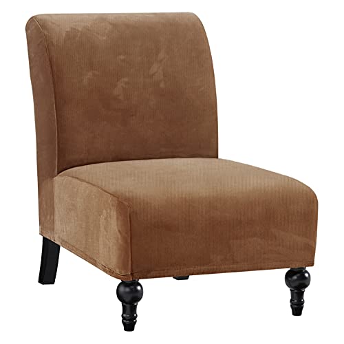 Armless Chair Slipcover Thick Striped Velvet Accent Chair Cover for Living Room High Stretch Slipper Chair Slipcover Removable Furniture Protector with Elastic Bottom, Machine Washable, Camel