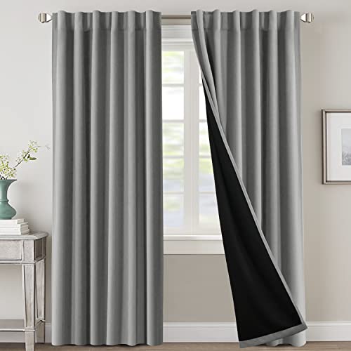100% Blackout Curtains for Bedroom with Black Liner Full Room Darkening Curtains 84 Inches Long Thermal Insulated Back Tab/Rod Pocket Window Treatment Drapes for Living Room, Dove Grey, 2 Panels