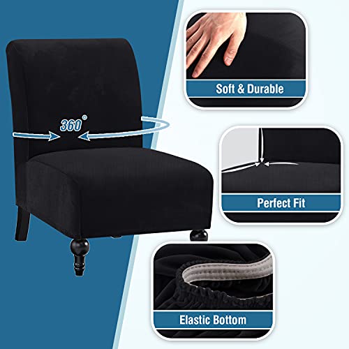 Armless Chair Slipcover Thick Striped Velvet Accent Chair Cover for Living Room High Stretch Slipper Chair Slipcover Removable Furniture Protector with Elastic Bottom, Machine Washable, Black