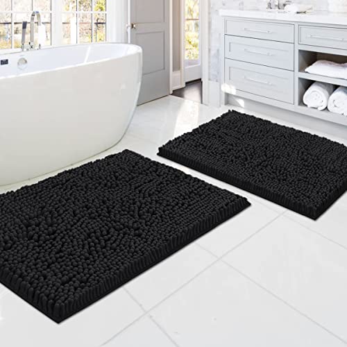 Bathroom Rugs Bath Mats for Bathroom Non Slip Luxury Chenille Bathroom Rugs Extra Soft Absorbent Shaggy Bathroom Mat Rugs Washable Fast Dry Bathroom Rugs Sets 2 Piece (Black, 20" x 32"/17" x 24")