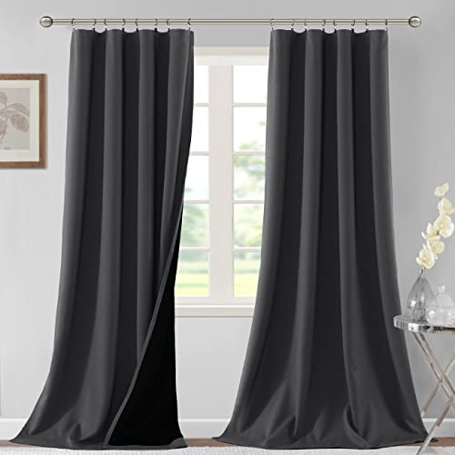 H.VERSAILTEX 100% Blackout Curtains for Bedroom Thermal Insulated Curtains & Drapes Blackout Curtains 108 Inches Long Rod Pocket Curtains for Living Room with Black Liner 2 Panels Set, Charcoal Gray