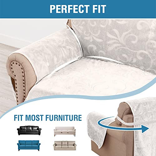 Sofa Slipcover 100% Waterproof Sofa Cover Couch Cover Premium Velvet Classic Flower Pattern Furniture Protector Non Slip with Elastic Straps for Pets Dogs Width Up to 72 Inch (Large Sofa, Ivory)