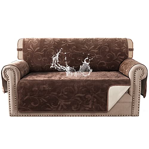 Sofa Slipcover 100% Waterproof Sofa Cover Couch Cover Premium Velvet Classic Flower Pattern Furniture Protector Non Slip with Elastic Straps for Pets Dogs Width Up to 52 Inch (Medium Sofa, Chocolate)