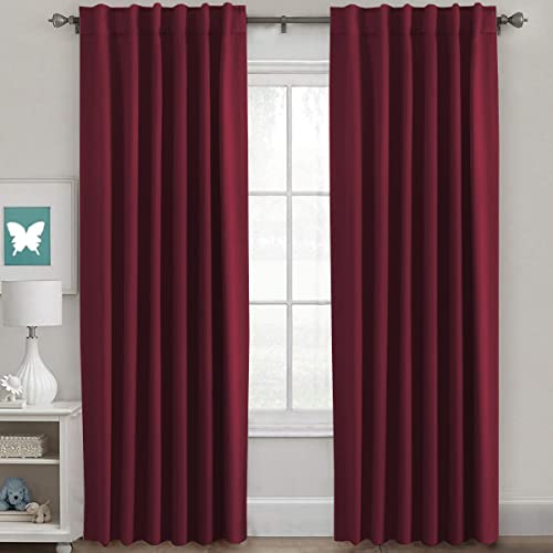 Blackout Curtains Thermal Insulated Window Treatment Panels Room Darkening Blackout Drapes for Living Room Back Tab/Rod Pocket Bedroom Draperies, 52 x 84 Inch, Burgundy Red, 2 Panels