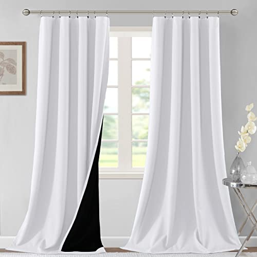 H.VERSAILTEX 100% Blackout Curtains for Bedroom Thermal Insulated Curtains & Drapes Blackout Curtains 96 Inches Long Rod Pocket Curtains for Living Room with Black Liner 2 Panels Set, Pure White
