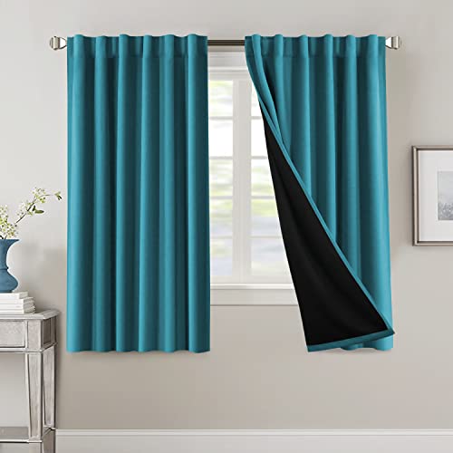 100% Blackout Curtains for Bedroom with Black Liner Full Room Darkening Curtains 63 Inches Long Thermal Insulated Back Tab/Rod Pocket Window Treatment Drapes for Living Room, Turquoise Blue, 2 Panels
