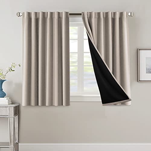 100% Blackout Curtains for Bedroom with Black Liner Full Room Darkening Curtains 45 Inches Long Thermal Insulated Back Tab/Rod Pocket Window Treatment Drapes for Living Room, Natural Sand, 2 Panels