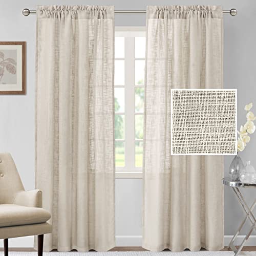 H.VERSAILTEX Linen Curtains 84 inches Long Natural Linen Blended Curtains for Living Room Burlap Linen Textured Curtains Light Filtering Rod Pocket Curtains Bedroom Curtains 2 Panel Sets, Ivory