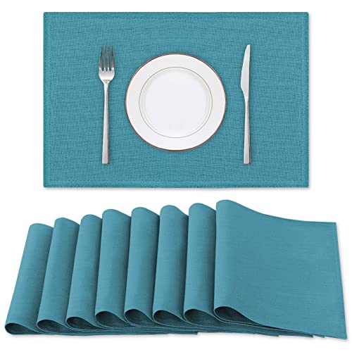 H.VERSAILTEX Linen Placemats Set of 8 Premium Solid Table Placemats for Dining Table Spill-Proof Waterproof Table Mats Heat-Resistant Kitchen Table Mats Washable, 12x18 inches, Teal