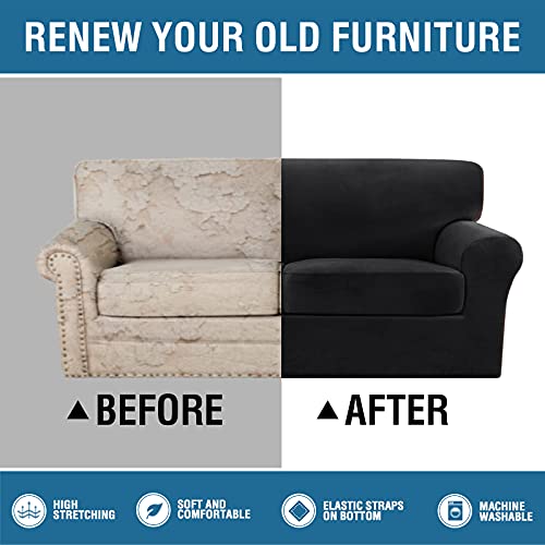 Thick Striped Velvet 3 Piece Stretch Sofa Covers Couch Covers for 2 Cushion Couch Sofa Slipcovers (Base Cover Plus 2 Large Cushion Covers) Feature Soft Stay in Place(2 Cushion: 72"-88", Black)